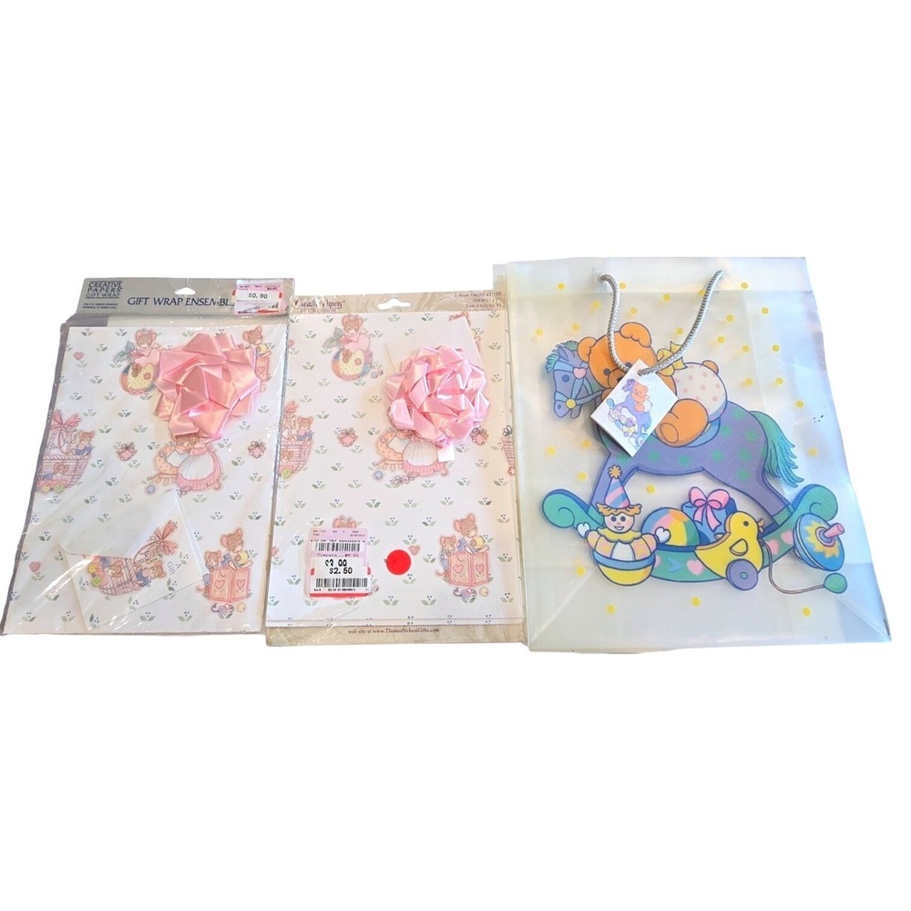 VTG 90s CR Gibson Cara Marks Mouse Family Gift Wrap Flomo Bear Bag Deadstock